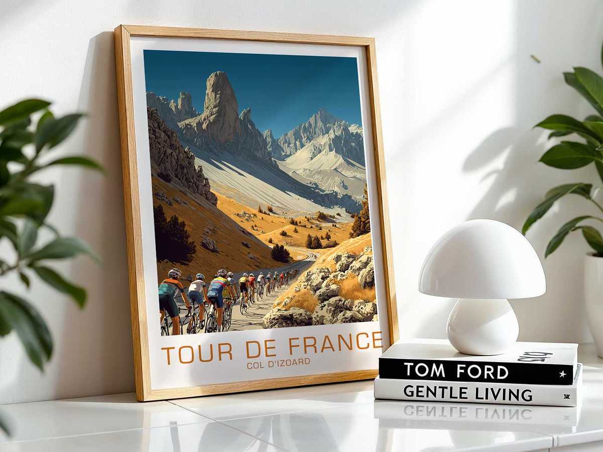 Vintage poster rendering of Col d'Izoard with seasonal color palette and layered shadows across the slope