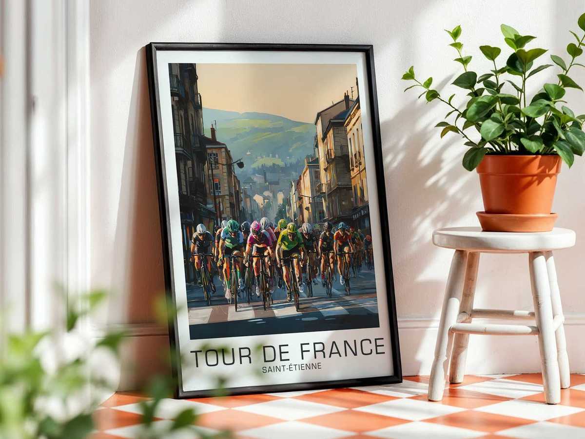 Poster focusing on the saddle and seatpost as a sculptural element against Saint-Étienne inspired color fields