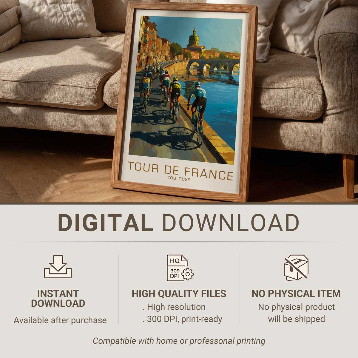 Full view of a vintage Tour de France poster featuring Toulouse landmarks, warm archival paper tones and an illustrated…