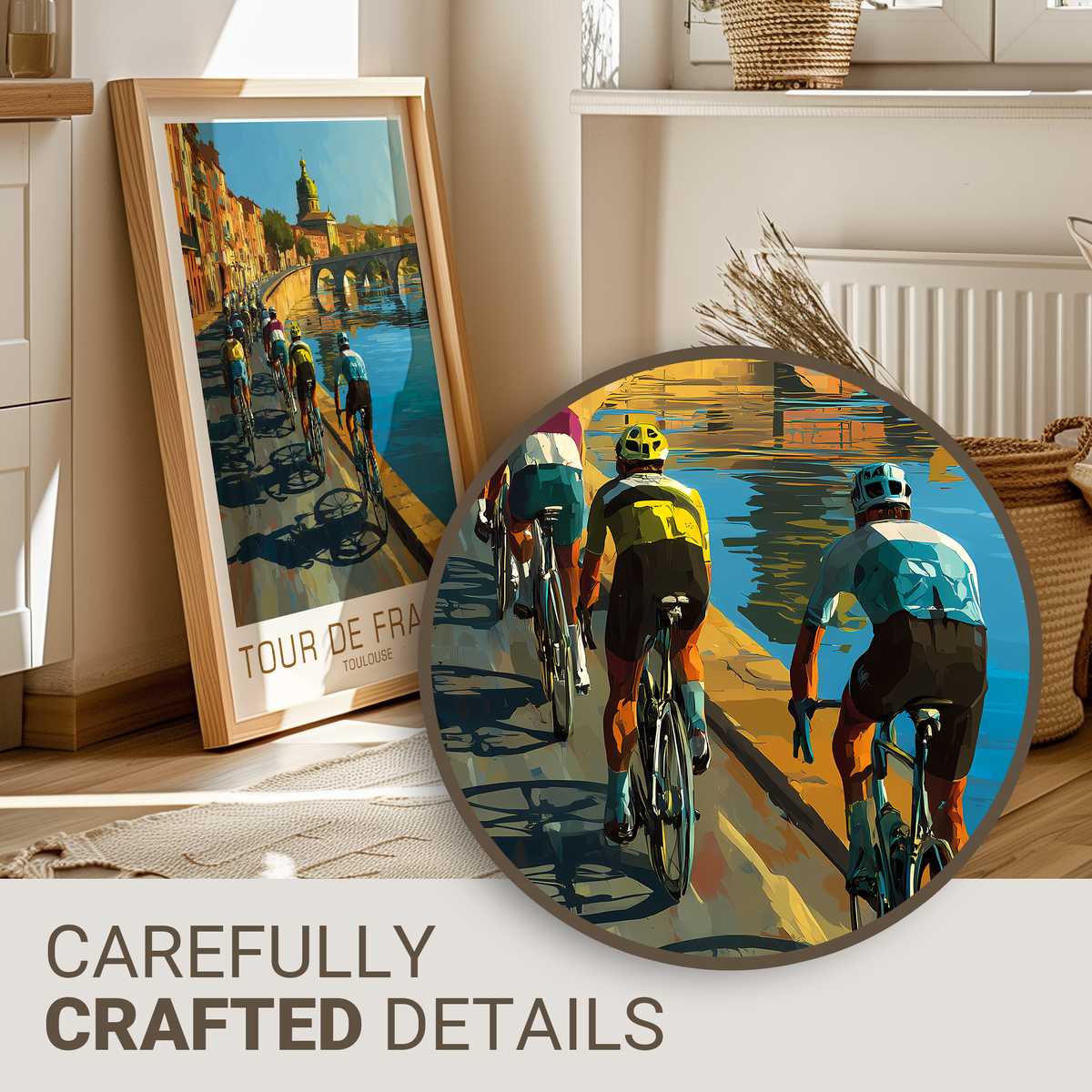 Full view of a vintage Tour de France poster featuring Toulouse landmarks, warm archival paper tones and an illustrated…