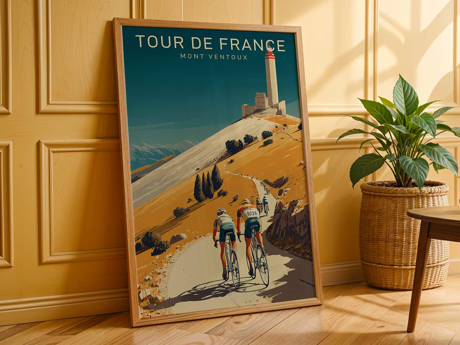 Low-angle view of cyclists cresting a serrated ridge on Mont Ventoux, the road folding away and competitors clustered in…