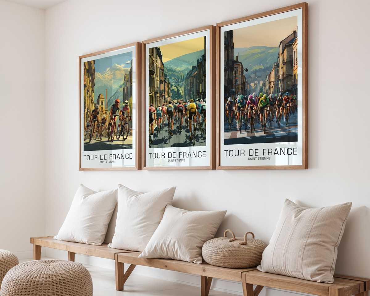 Vintage Tour de France poster featuring Saint-Étienne cityscape and cyclists in retro illustration style
