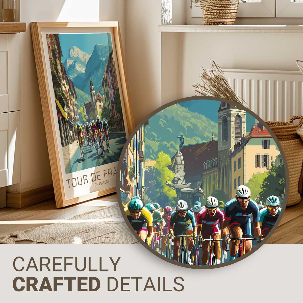 Cyclist silhouette on a narrow sunlit street in Chambéry climbing past stone facades and hanging signs
