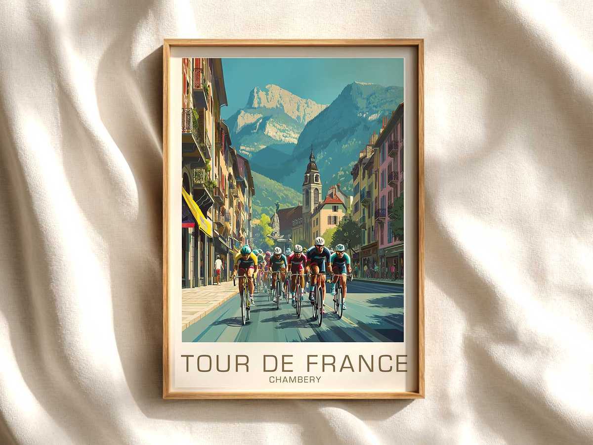 Cyclist silhouette on a narrow sunlit street in Chambéry climbing past stone facades and hanging signs