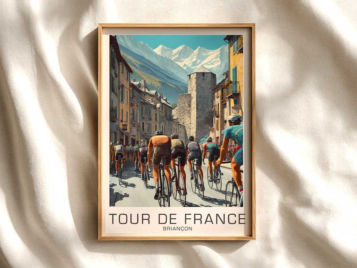Historic peloton riding past stone buildings in Briançon during a vintage Tour de France stage