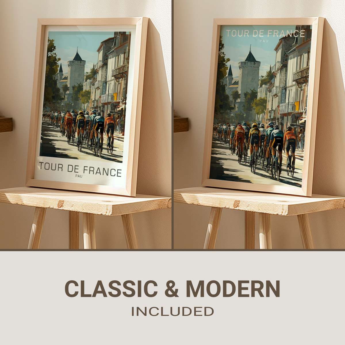 Close-up of a Pau vintage poster showing aged paper texture, faded typography and archival wear that evokes Tour de France…