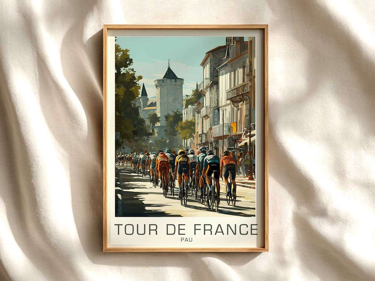 Close-up of a Pau vintage poster showing aged paper texture, faded typography and archival wear that evokes Tour de France…