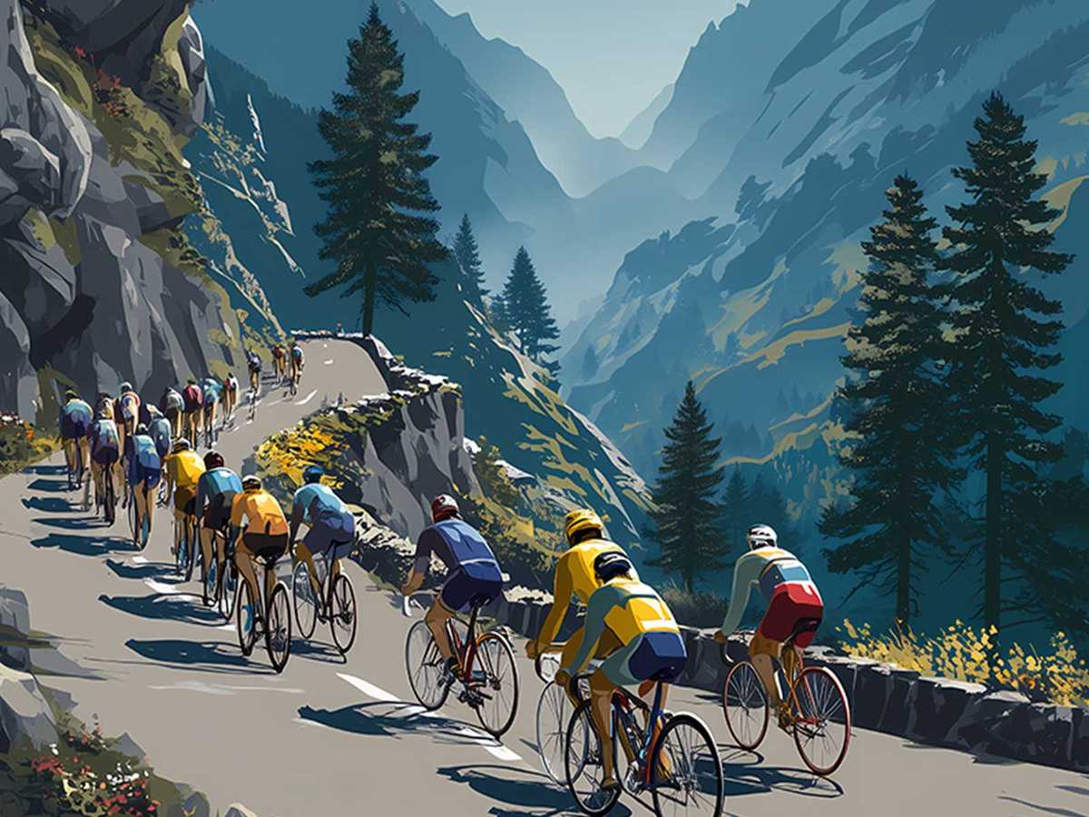 Silhouetted riders tackling a steep switchback on the Col du Tourmalet with dramatic shadows and high-contrast light