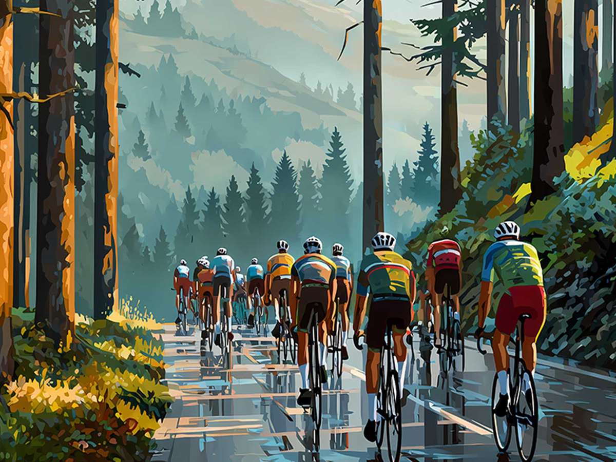 Poster detail of a steep wooded gorge on the ascent, highlighting the narrow road and shadowed trees framing the climb