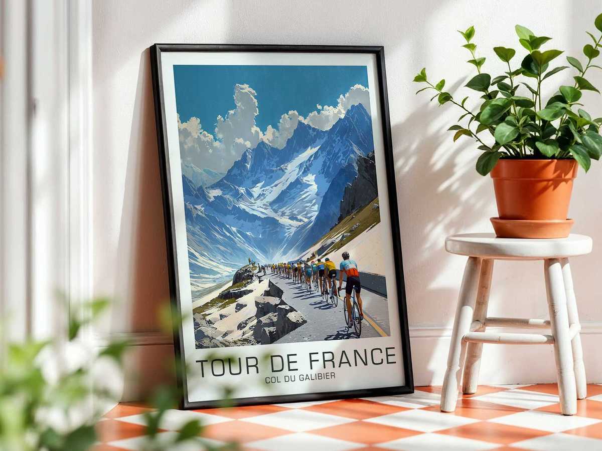 A cinematic capture of the decisive summit moment on Galibier: a small group cresting the ridge with dramatic light and…