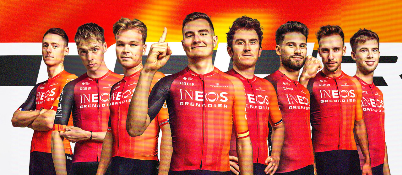 Cycling team huddled before a Tour de France stage discussing tactics and leadership roles