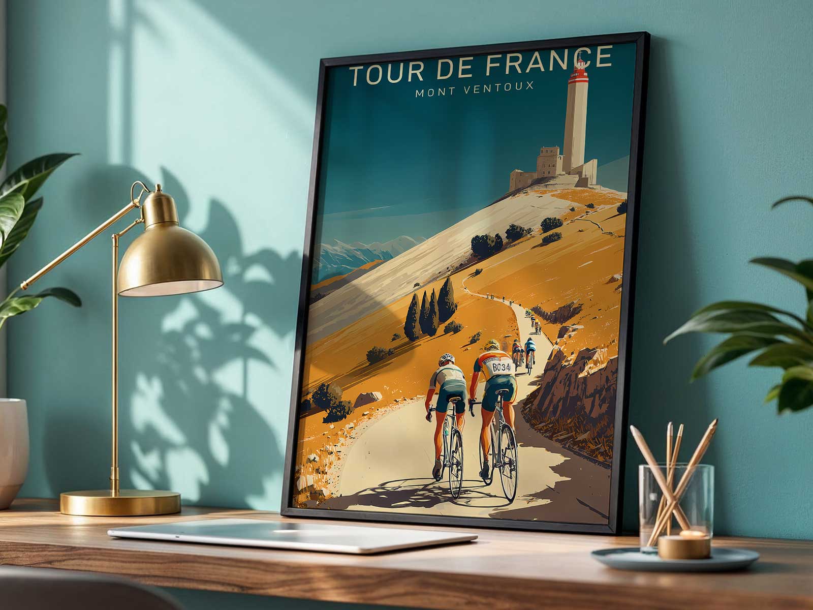 Two riders climbing a steep, narrow section of Mont Ventoux side by side, wheel-to-wheel with dust kicked up and…