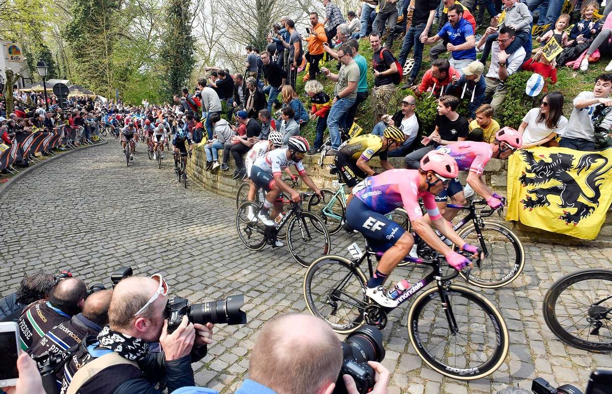 Crowded roadside with fans waving flags and cheering as cyclists pass
