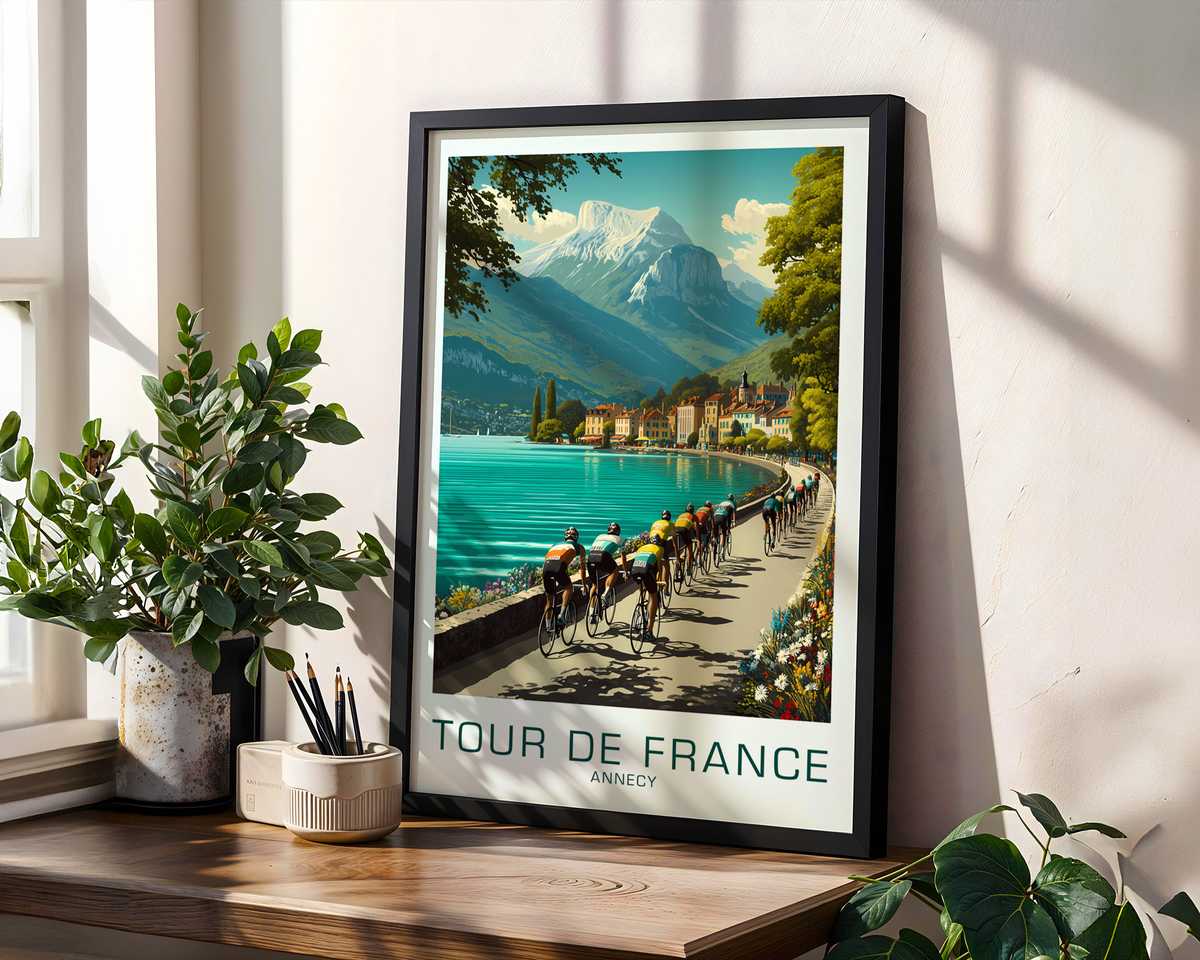 Tour de France climbs and race towns poster series with mountain roads and historic cycling locations