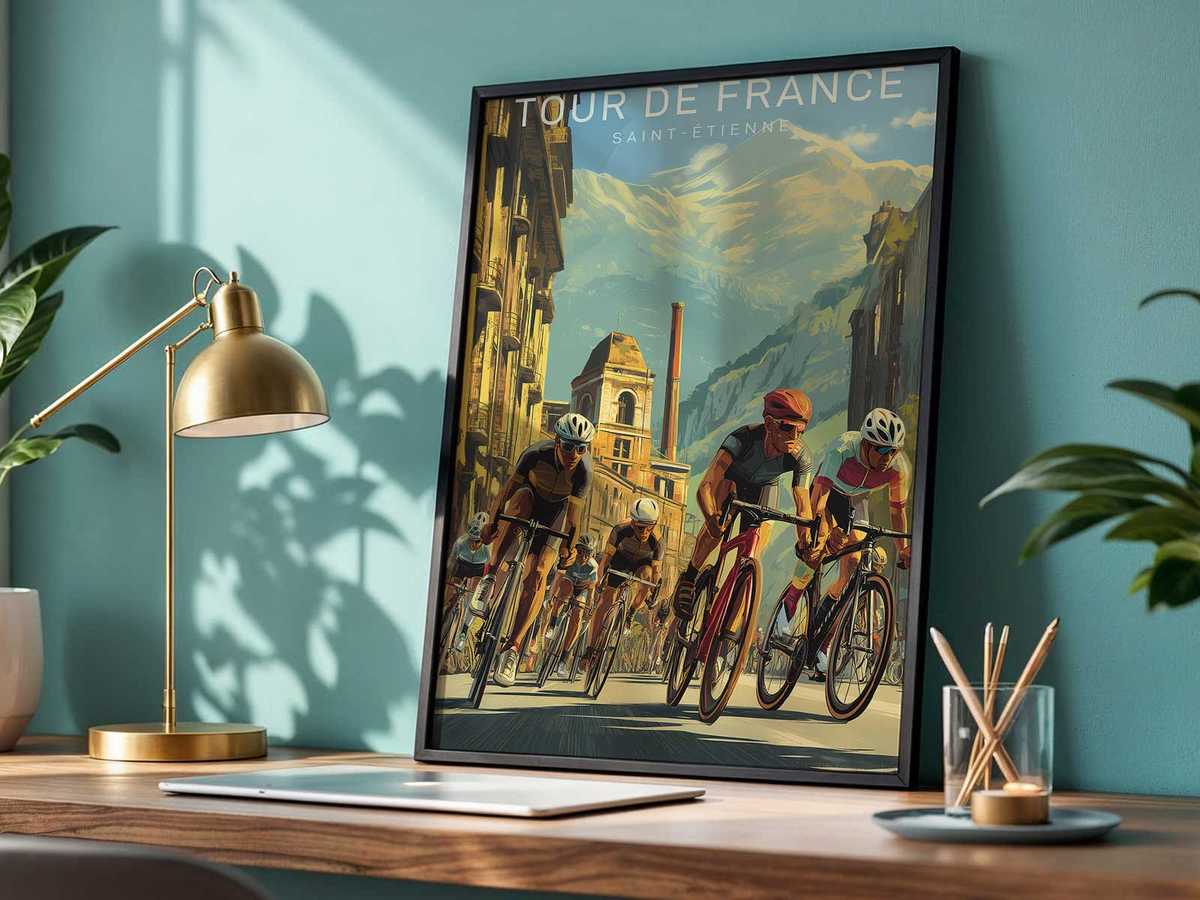 Detail of vintage Tour de France graphics on the poster, including period typography and event motifs that evoke local…