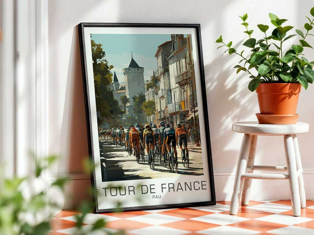 Graphic elements referencing the Tour de France on a Pau poster, including retro type and race motifs that suggest…