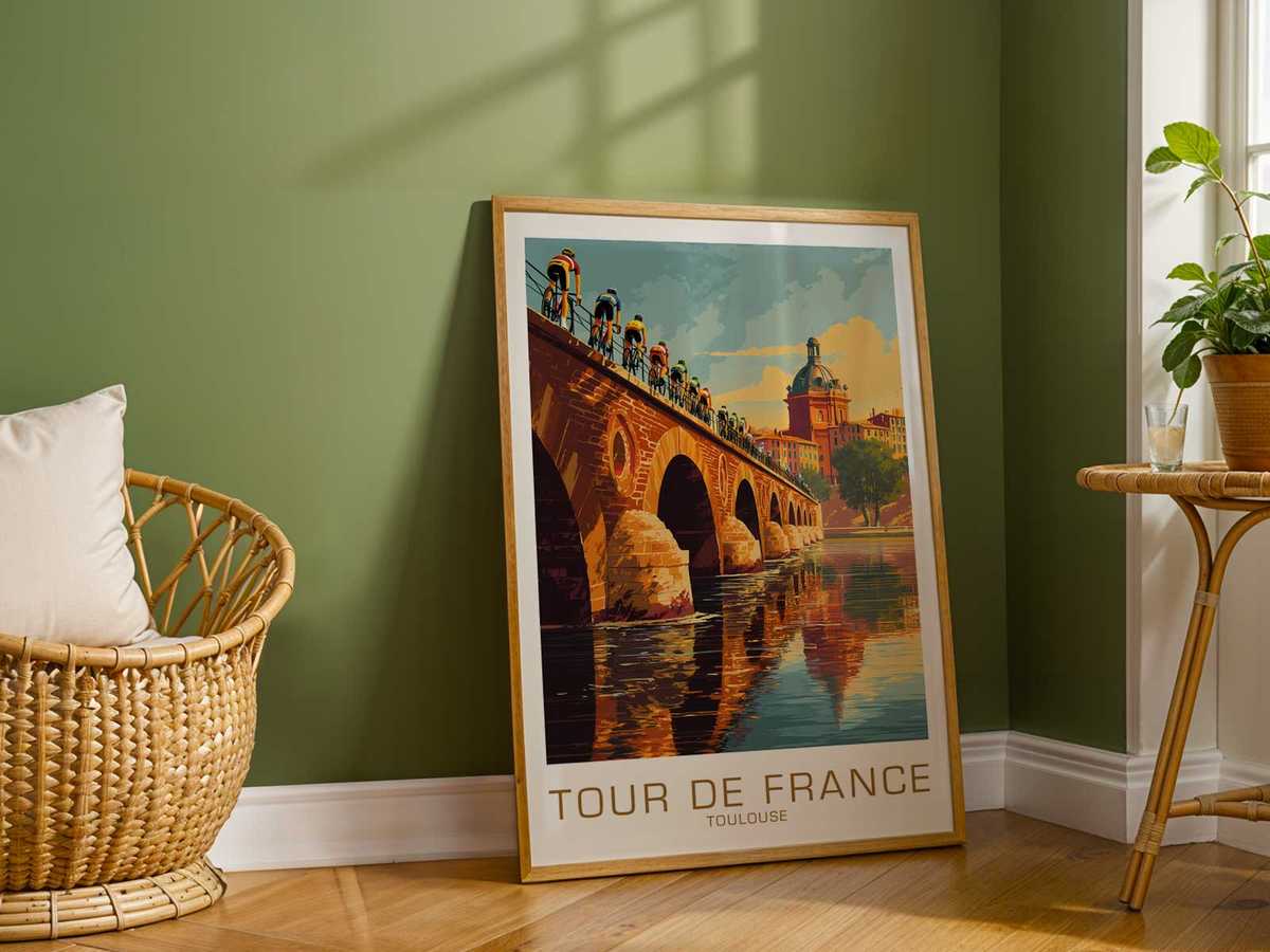 Collage of Tour de France artifacts paired with a race bicycle to suggest cultural context
