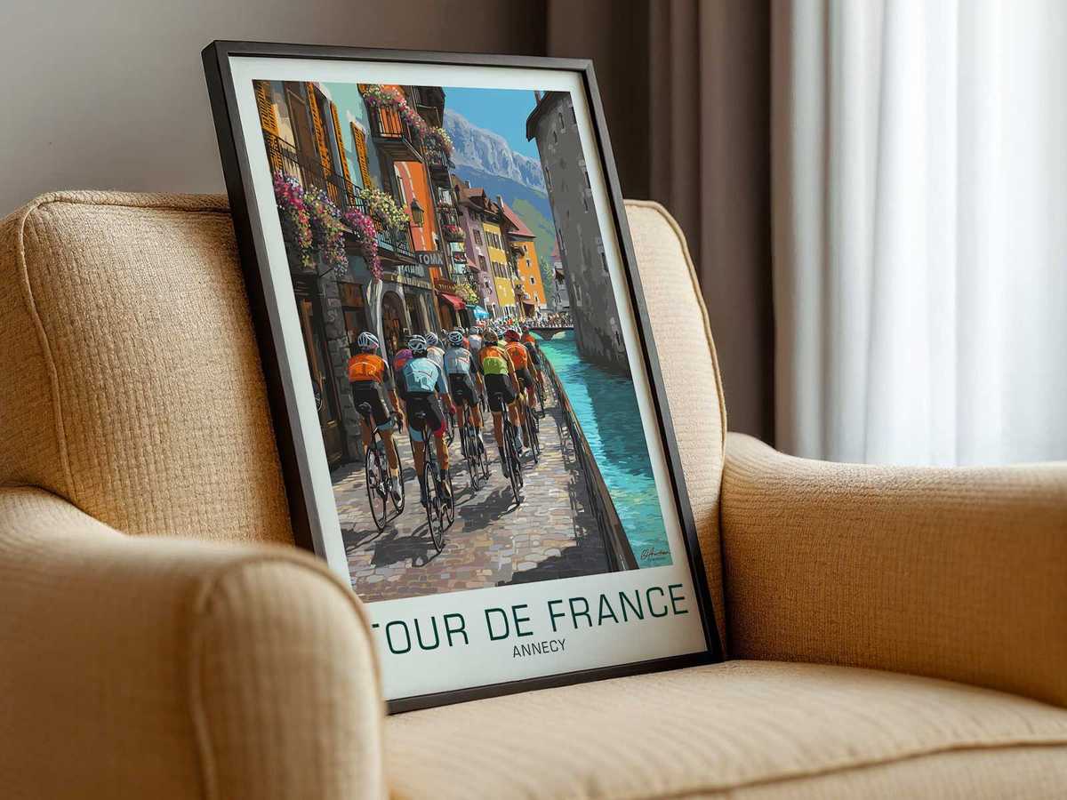 Poster highlighting iconic race bike components like downtube shifters and tubular tires to recall Tour de France culture