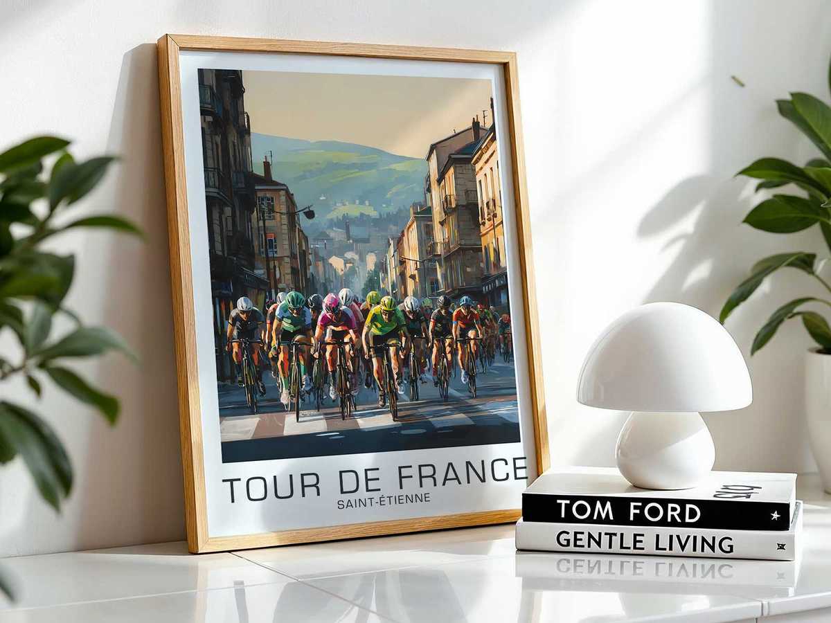 Collage of cycling paraphernalia—number plate, vintage saddle, and wheel—evoking Tour de France material culture