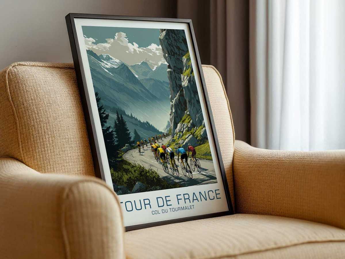 Use of light and shadow on the Tourmalet poster to model the rider's muscles and facial features, suggesting fatigue held…