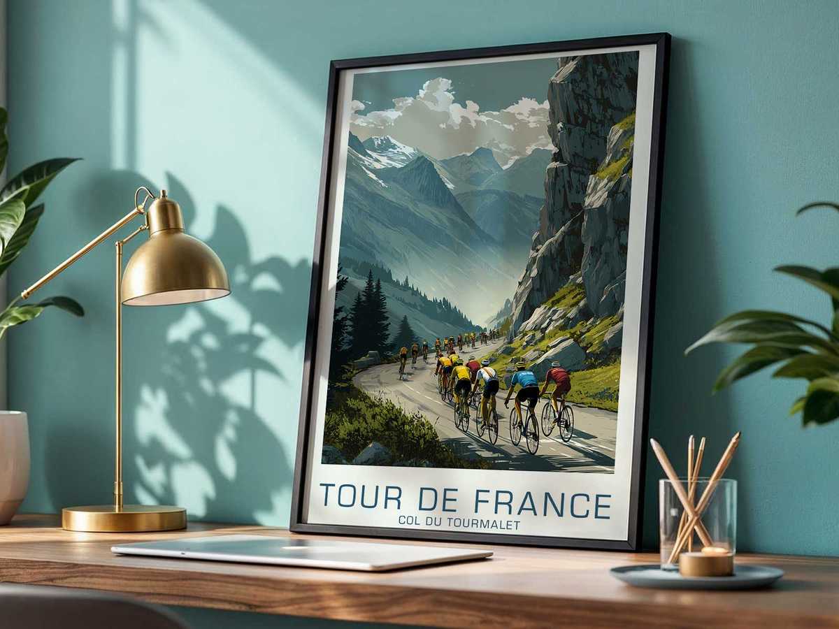 Full-body silhouette of the rider on the Tourmalet poster highlighting hunched posture and aerodynamic stance that reads as…
