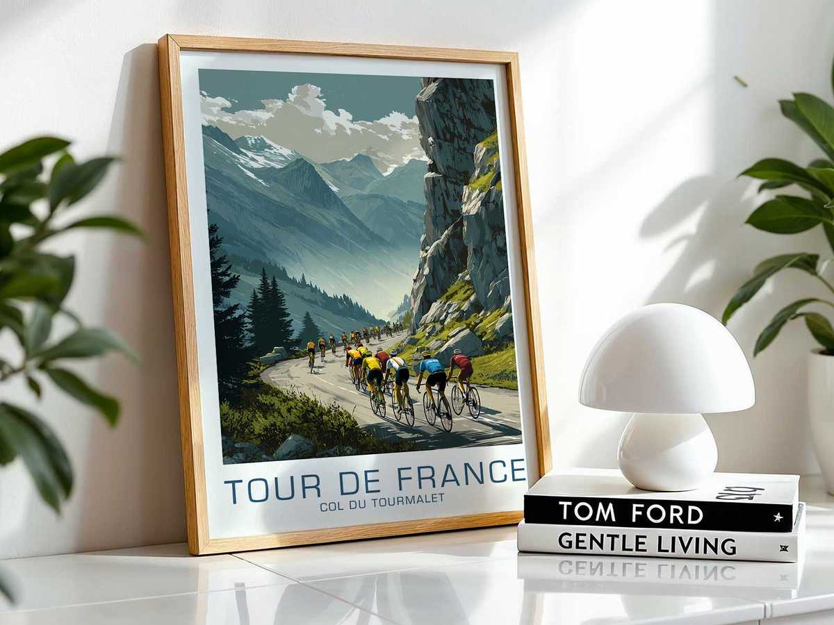 Composition showing the rider's direct relationship to the mountain road on the poster, with road lines leading the eye…