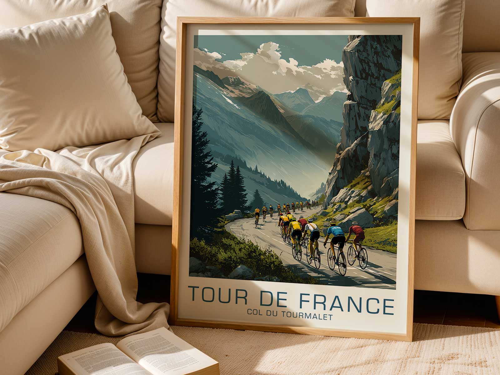 Silhouetted cyclist cresting the Col du Tourmalet at sunset with layered mountain ridges behind