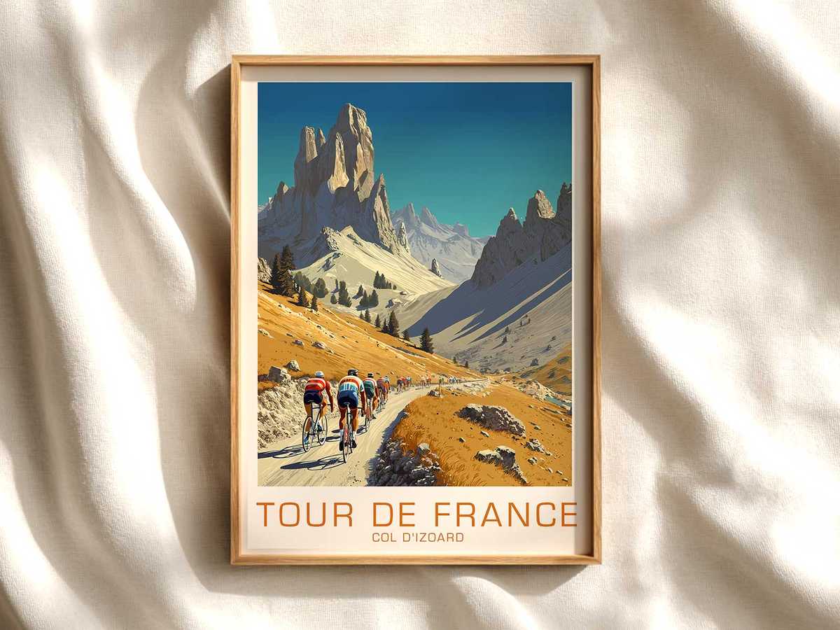 Vintage-style poster of riders silhouetted against the Col d’Izoard summit at dusk, conveying tension and effort