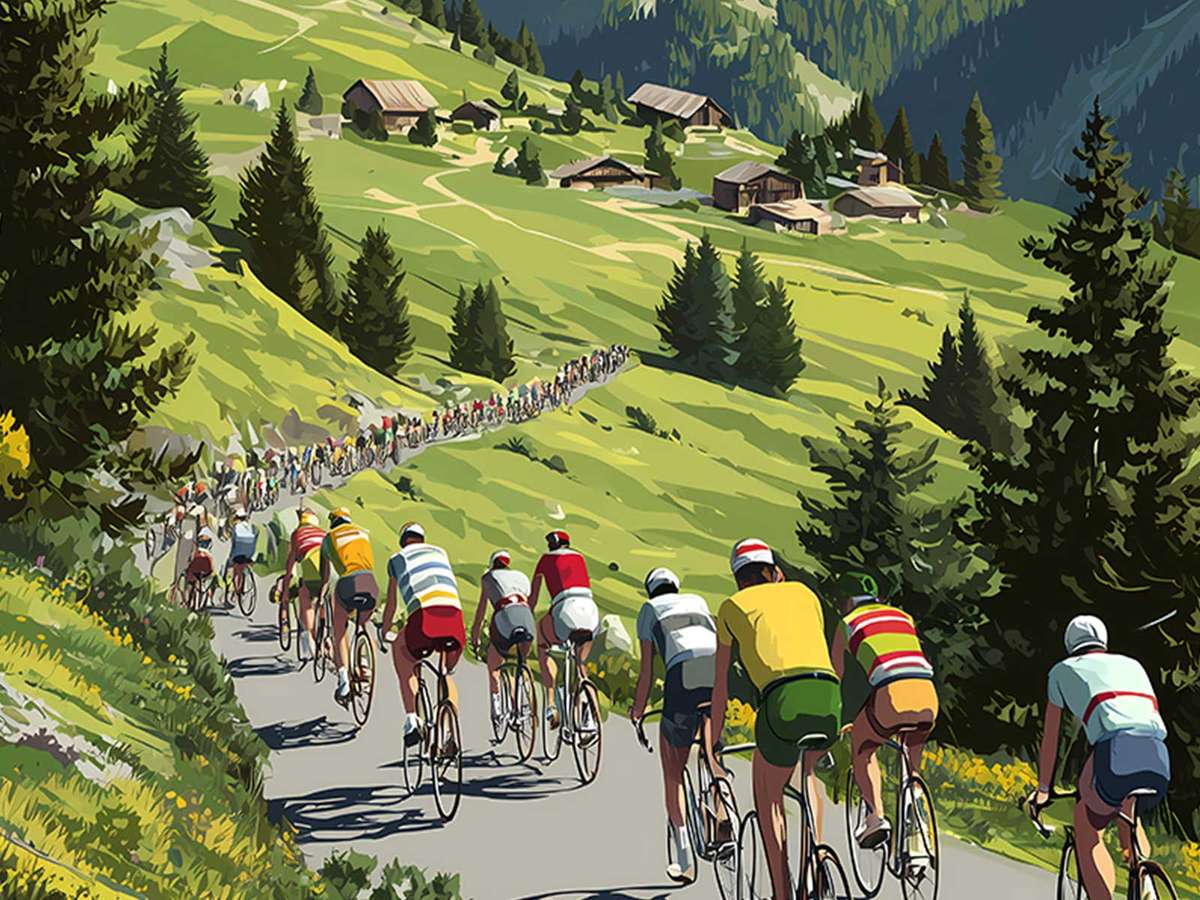 Poster view of a winding mountain road ascending steep hairpins, emphasizing the gradient and physical effort required