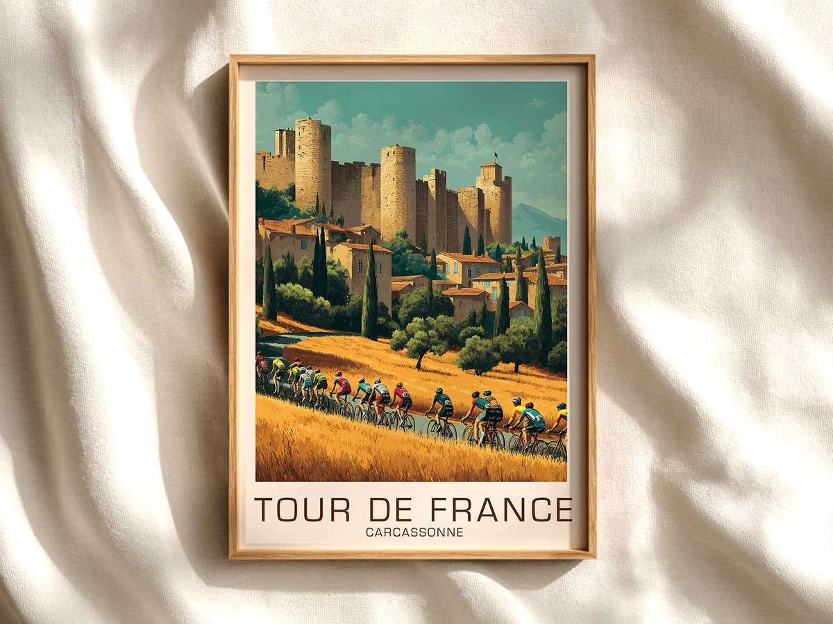 Cyclist approaching the fortified city walls of Carcassonne with morning light casting long shadows