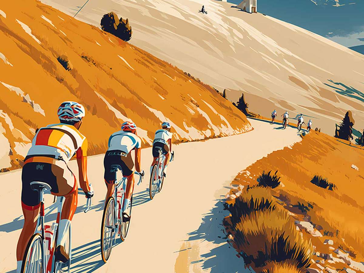 Long view of the road up Mont Ventoux with a single rider small in the frame, highlighting the direct relationship between…