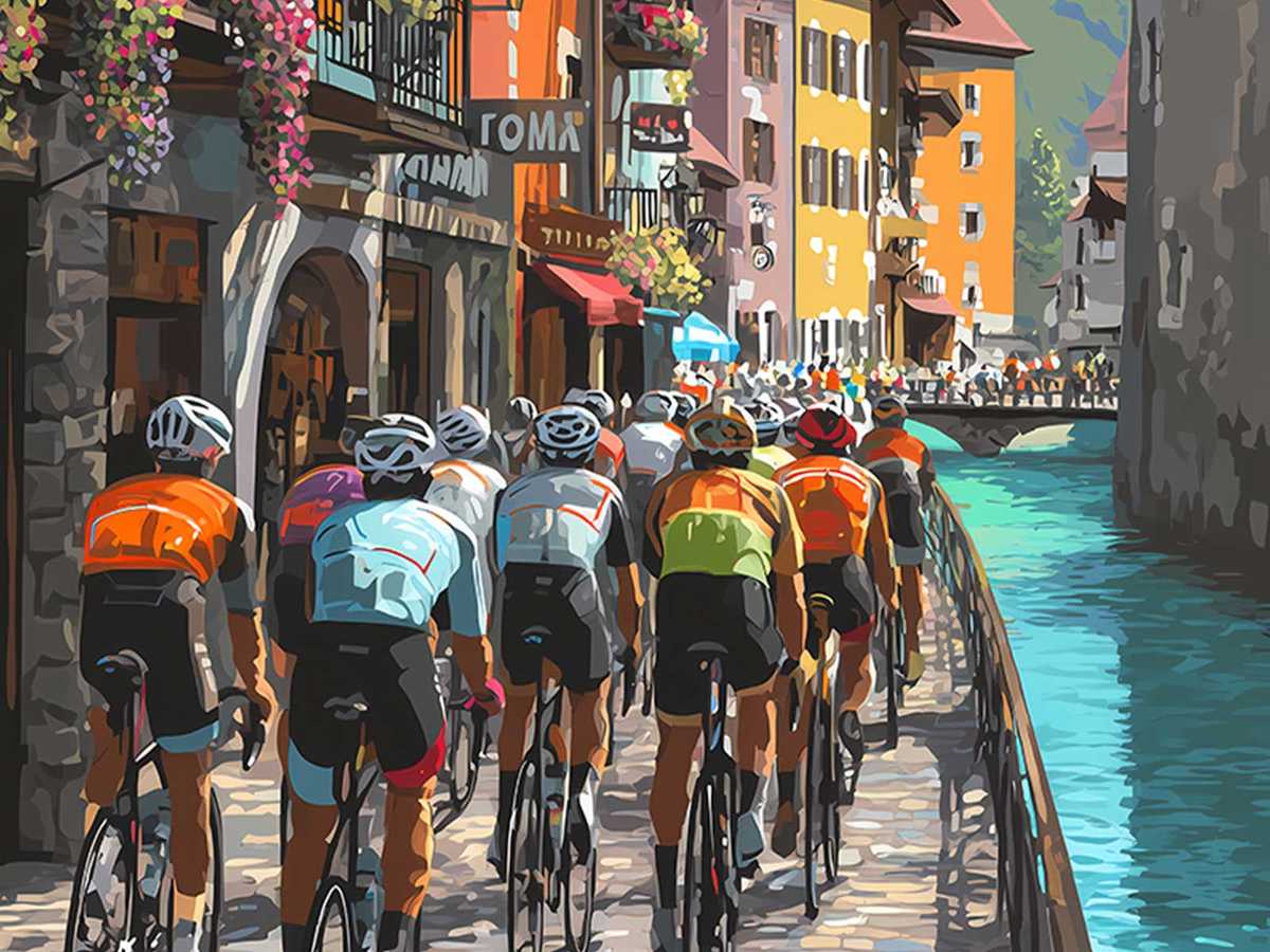 Graphic poster with dynamic diagonal bicycle lines creating visual tension and a sense of speed