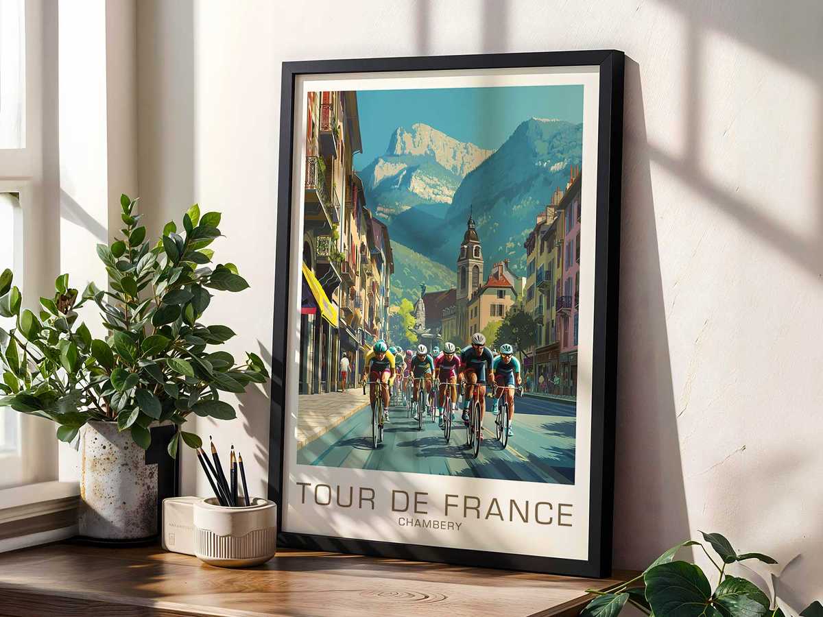 Small village square in Chambéry with cobbles, cafe awnings, and a passing peloton suggested by motion blur
