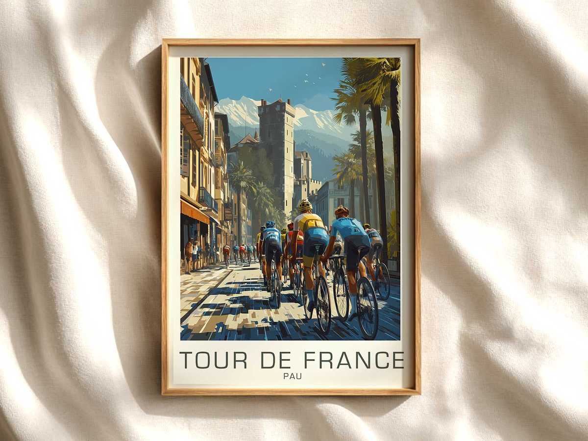 Minimal Pau-inspired poster showing a racing bicycle silhouette framed against soft hills, emphasizing the bike as central…