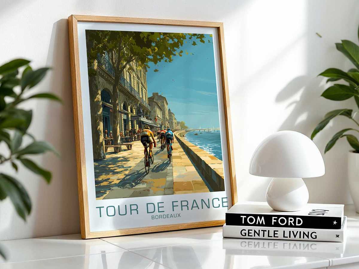 Pedal and chainring in motion framed with hints of a Bordeaux vineyard route, blending mechanical energy with regional…