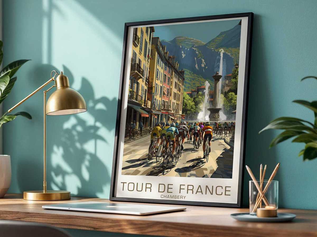 Collage of vintage Tour de France components and a Chambéry-inspired frame to evoke material culture