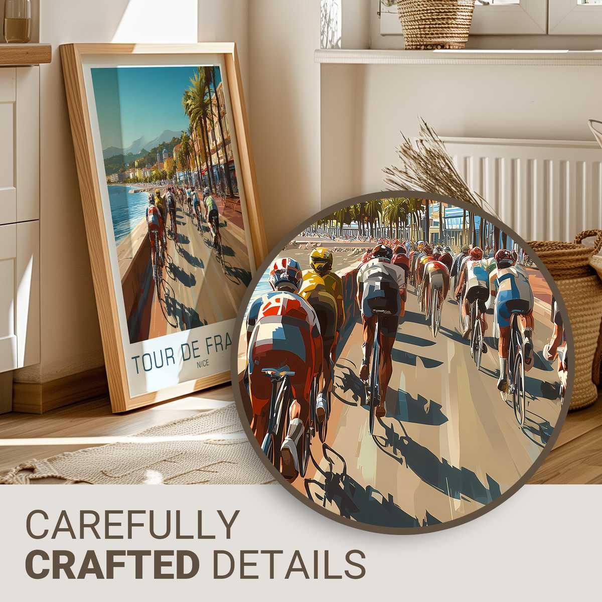Close-up of a vintage Nice poster showing a cyclist in a retro jersey and textured paper grain