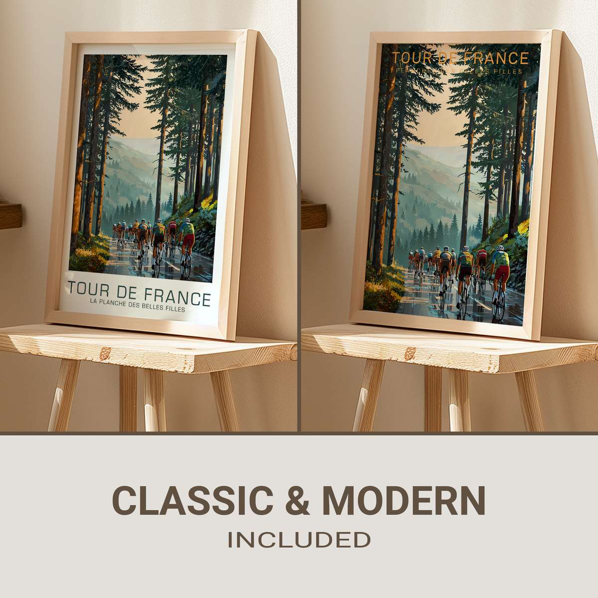 Vintage poster view of La Planche des Belles Filles summit with riders ascending a steep switchback under clear alpine light