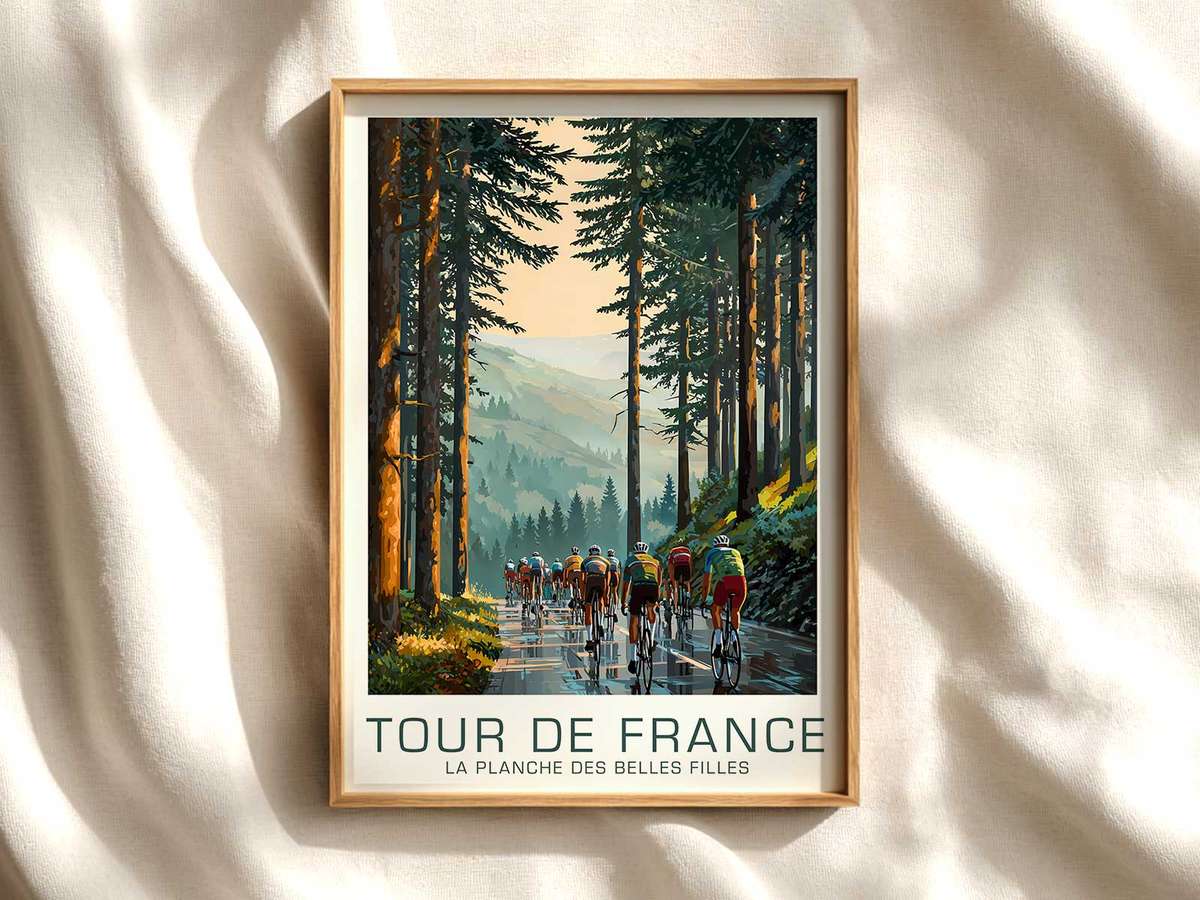 Vintage poster view of La Planche des Belles Filles summit with riders ascending a steep switchback under clear alpine light