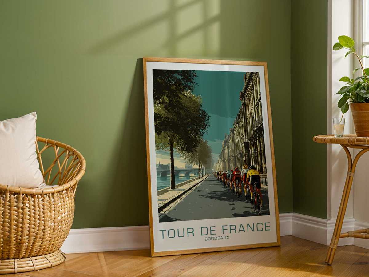 Full vintage poster layout with central painted bicycle, archival labels, and muted color palette referencing mid-century…