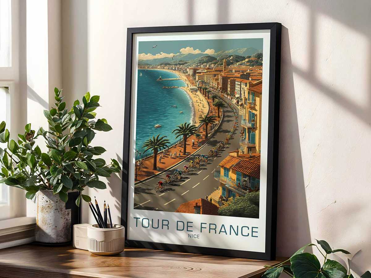 Poster juxtaposing vintage Tour de France cycling gear with a clean modern background to recall material culture