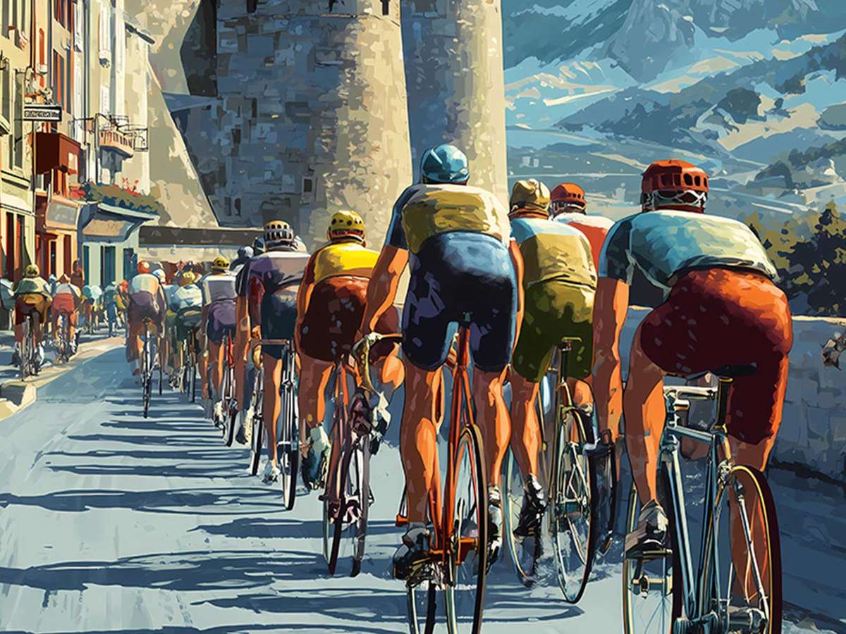 Narrow Briançon streets with stone buildings, tiled roofs and a cyclist weaving through textured urban fabric