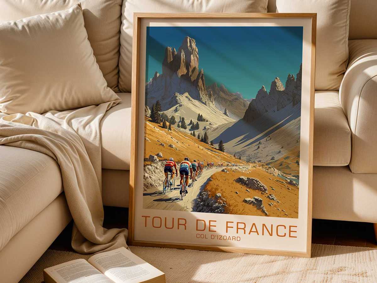 Vintage typography and route sign design from a Col d'Izoard poster, showing classic lettering and layered color