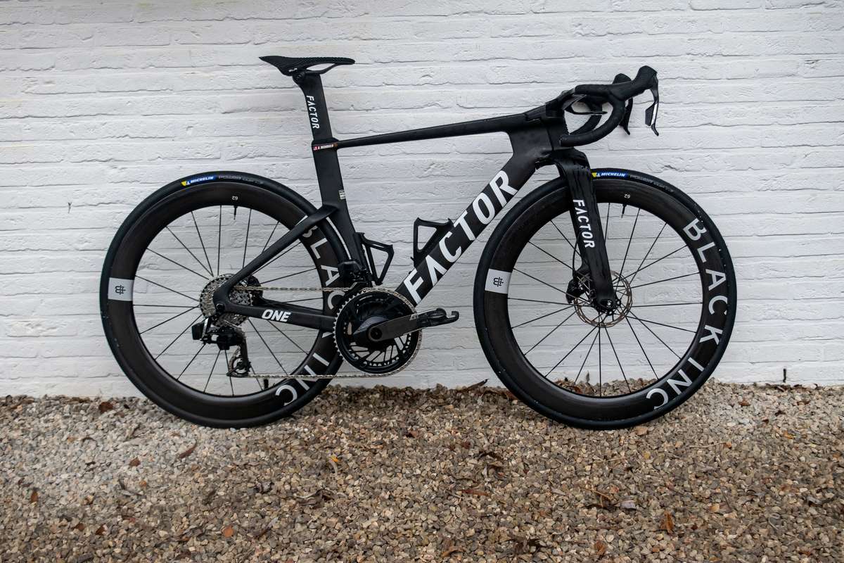 Side profile of an aero road frame showing flattened tube shapes and integrated cockpit on a race-ready bike