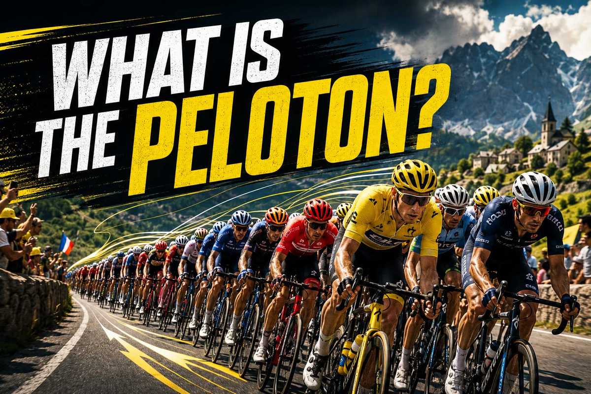 Wide shot of a large peloton of road cyclists riding closely together on an open road during a stage race