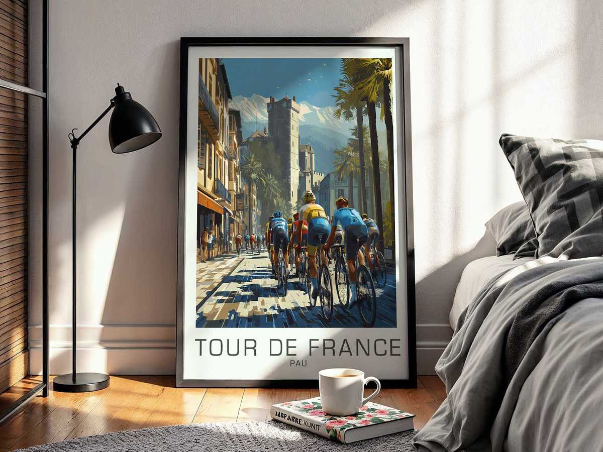 Poster composition using wheel geometry to divide space, spokes and rim lines organizing visual rhythm across the design