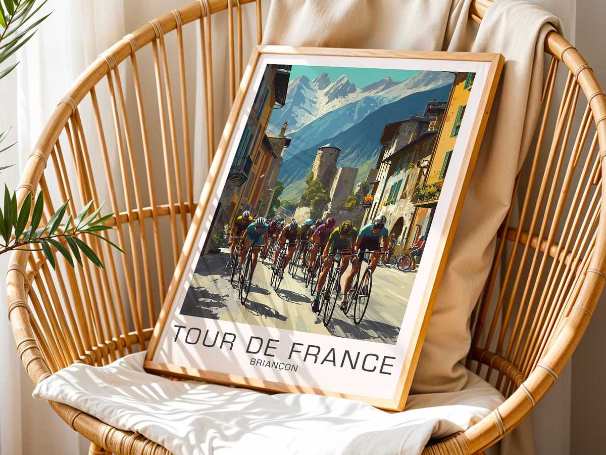 Poster where the wheel spokes form a radial pattern that interacts with mountain contours and light