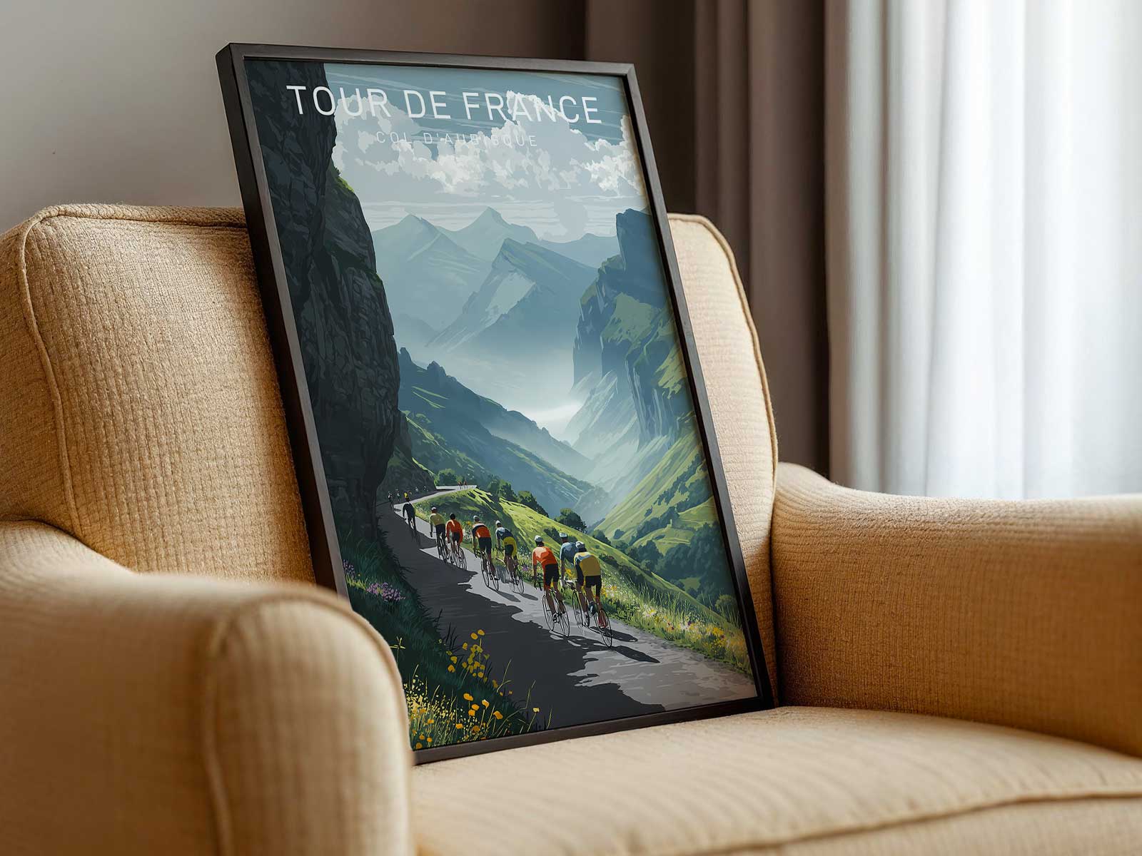 Vintage poster depiction of a winding mountain road cutting across steep slopes, illustrating the long, relentless climb