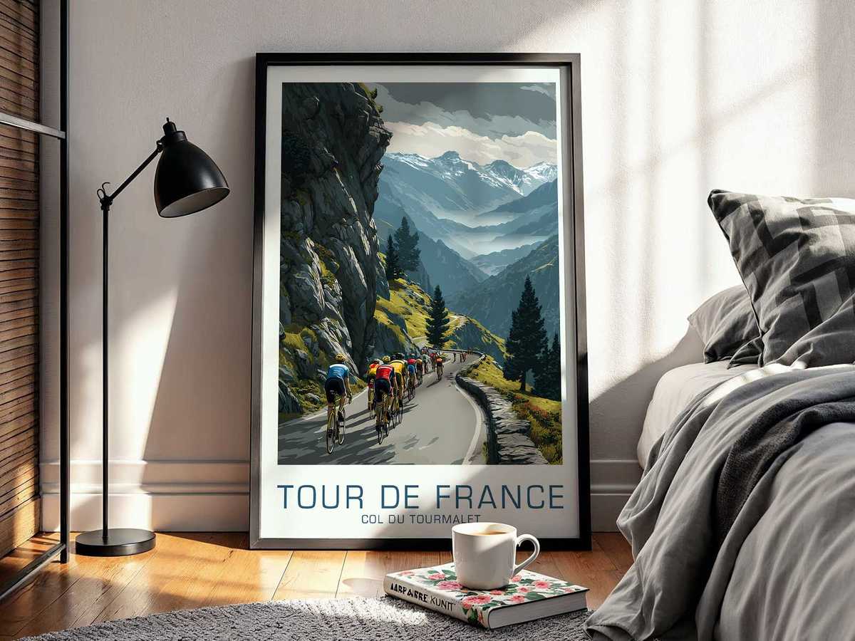 The winding road of the Tourmalet with a line of cyclists disappearing into the mountain curves