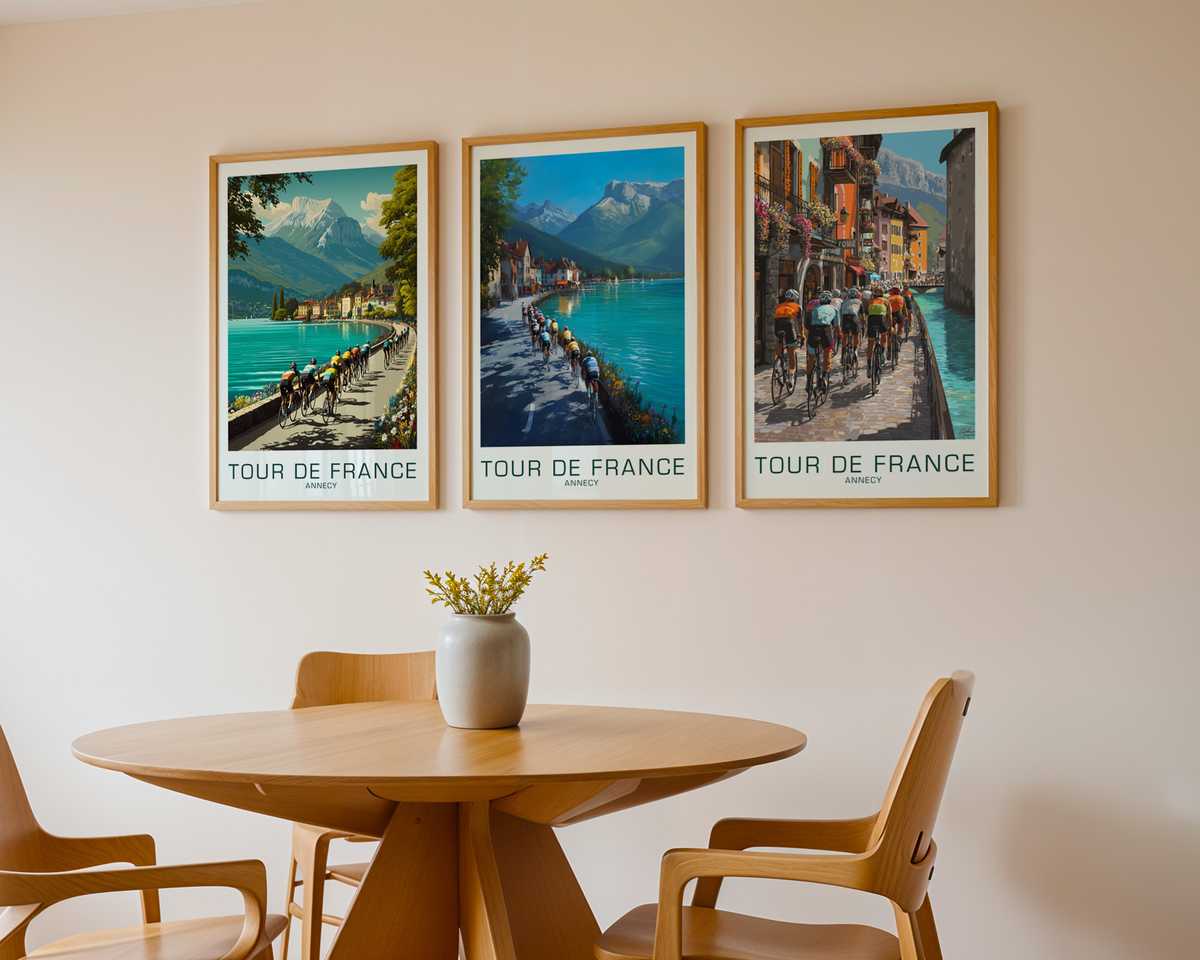Vintage-style poster view of Lake Annecy with distant cyclists, soft alpine light and resort buildings along the shore